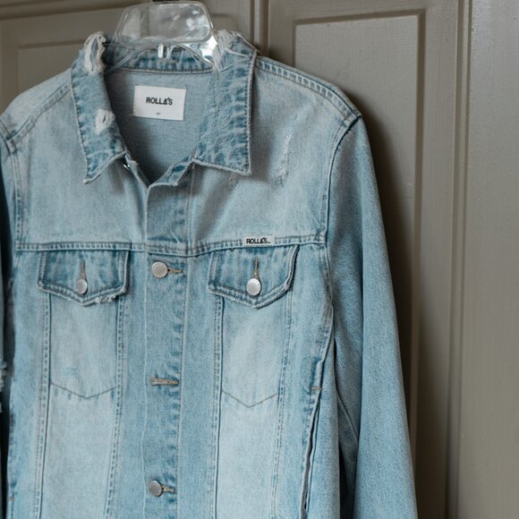 Rollas Denim Jacket Cropped Distressed Fray Hem Boxy Fit Destroyed Jean Coat - Picture 3 of 10